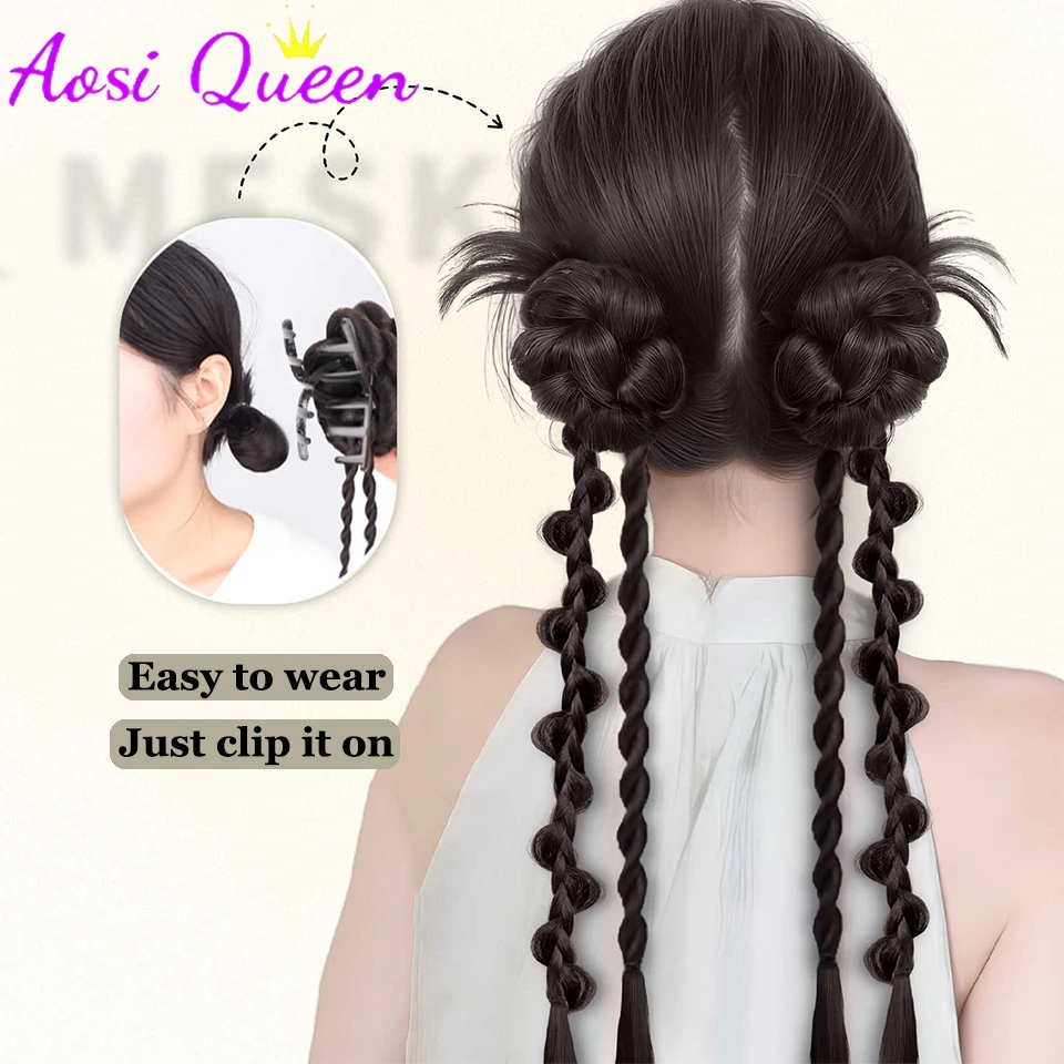 AOSIQUEEN الاصطناعية مضفر تويست الضفائر ذيل حصان الشعر التمديد الأسود شعر مستعار طبيعي طويل ذيل حصان مشبك شعر المشبك شعر مستعار نسائي