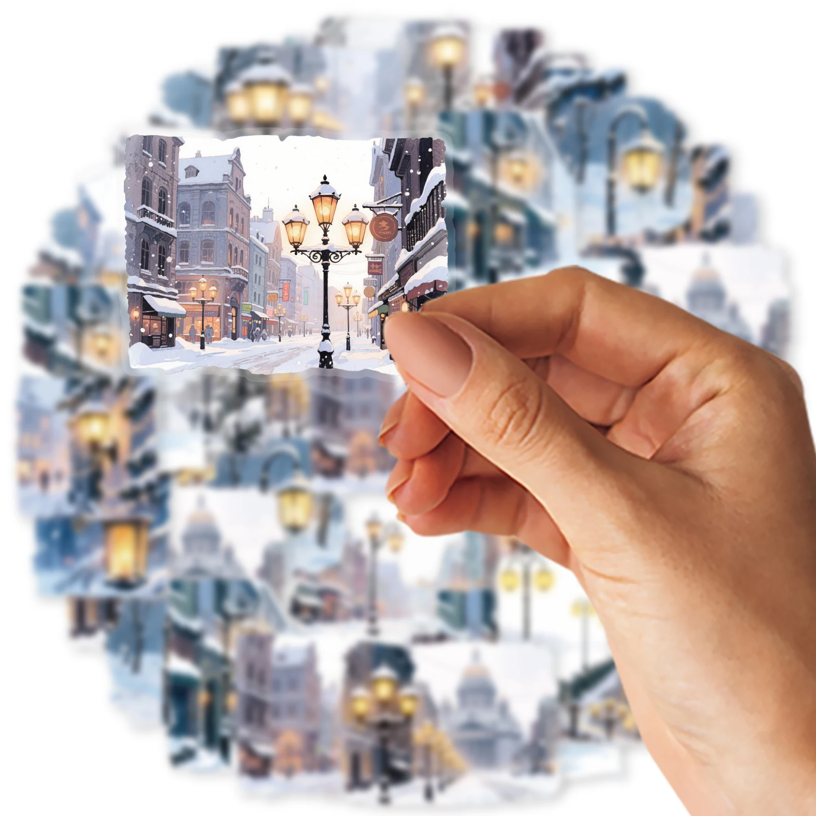 15枚の冬の街並みステッカー、スクラップブッキング、ラップトップ、電話ケース、DIYジャーナル、文房具デカール、季節のクラフト用品用