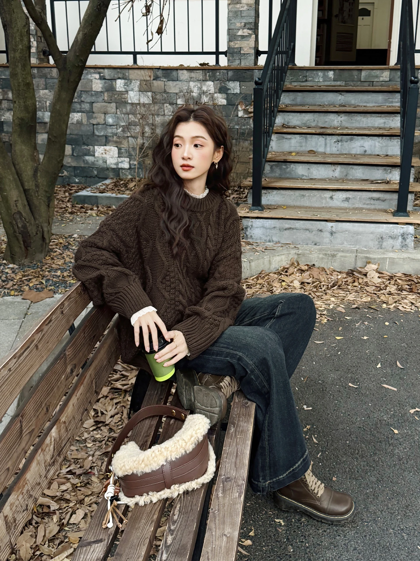 

Loose Thiened round Ne Twist Sweater Women's Vintage Sle Winter New Arrival Coffee Color Knitted Sweater for Commuting ...