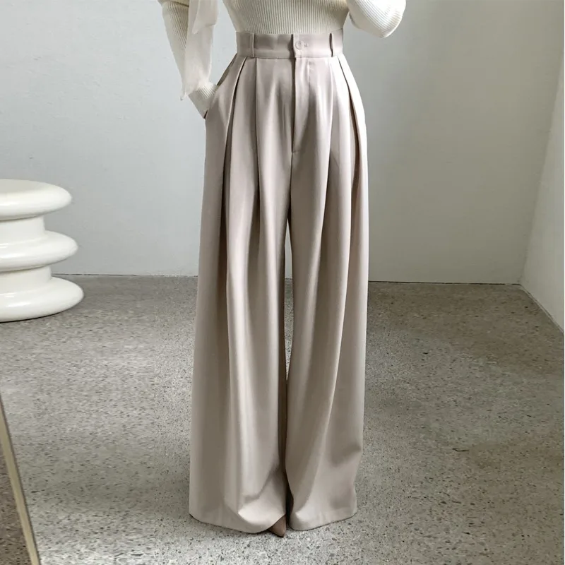 

Ele High Waist Draped Casual Pants Women's Loose Wide Leg Long Trousers Spring Faion Pred Pleats Skinnifng Drapey