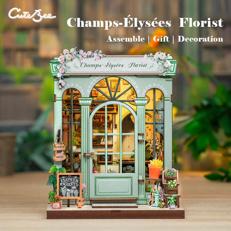 CUTEBEE Buchecke Kit Diy Miniatur Hausdekoration Holz Bücherregal Einsatz Modell mit Licht 3D Puzzle Gebäude für Kinderspielzeug