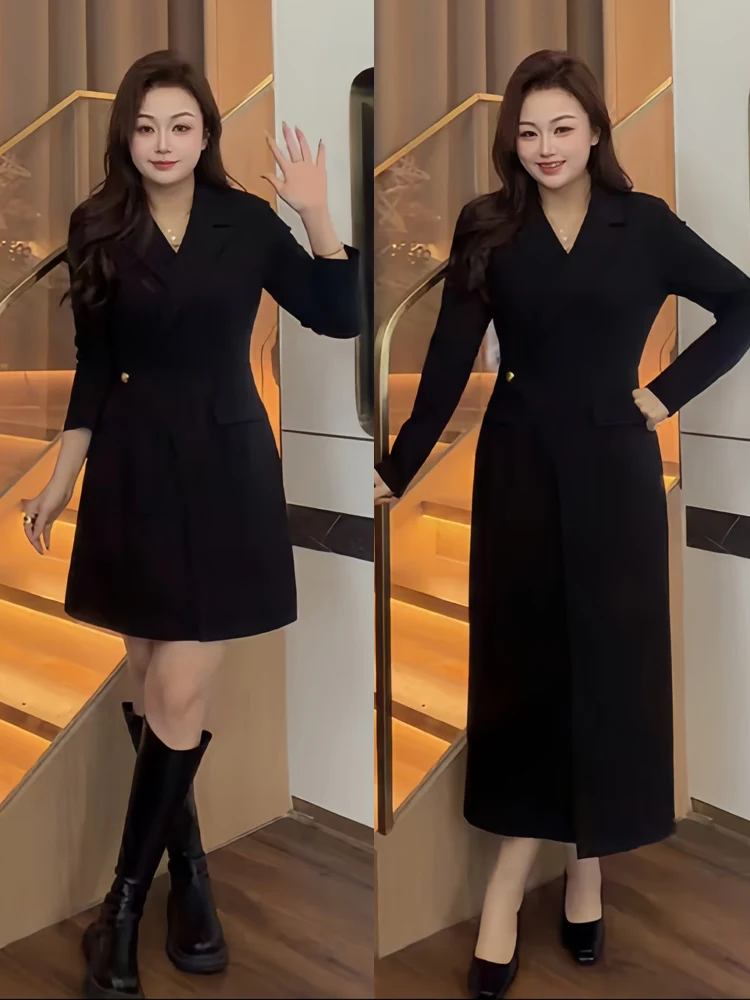 

Ele plus Size Bla Long Sve Dr Slimming High Waist Design Korean Sle Commute Winter Faion Women's Clothing