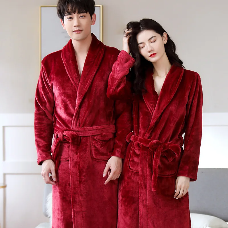 Winter Coral Fleece Kimono Gown Home Robe Women Thick Warm Nightgown Lounge Nightwear Couple Lovers Sleepwear Plush Men Bathrobe