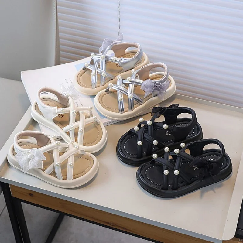 

Girls' Summer Gladiator Sandals New Kids Sparkly Princess Beach Shoes Sweet Bowknot Decor Children Pearl Roman Sandals Silver