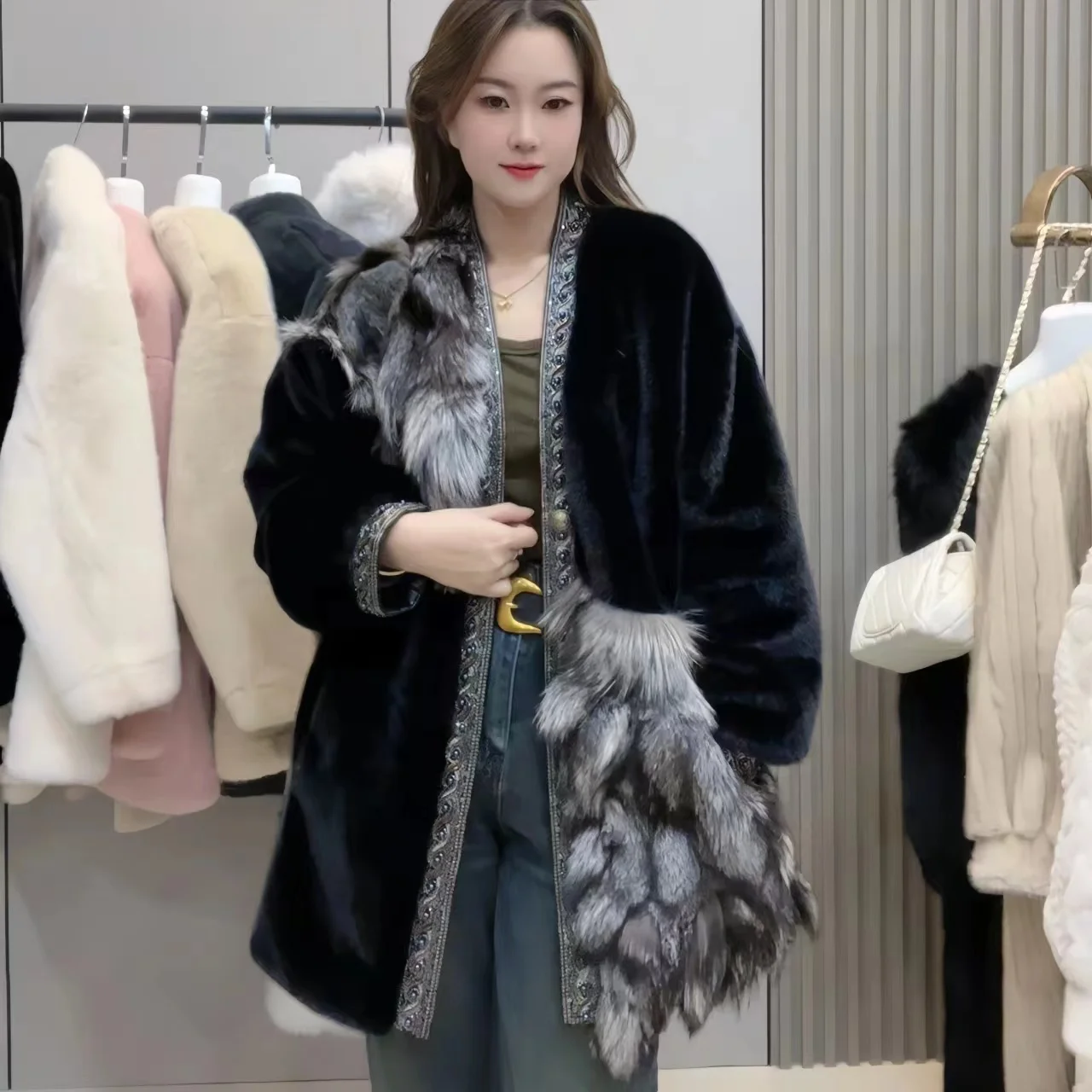 Women\'s Fur Beading Jacket,Korean Female Overcoat,Loose, Thicken Warm Long Clothes, Winter Tops, New