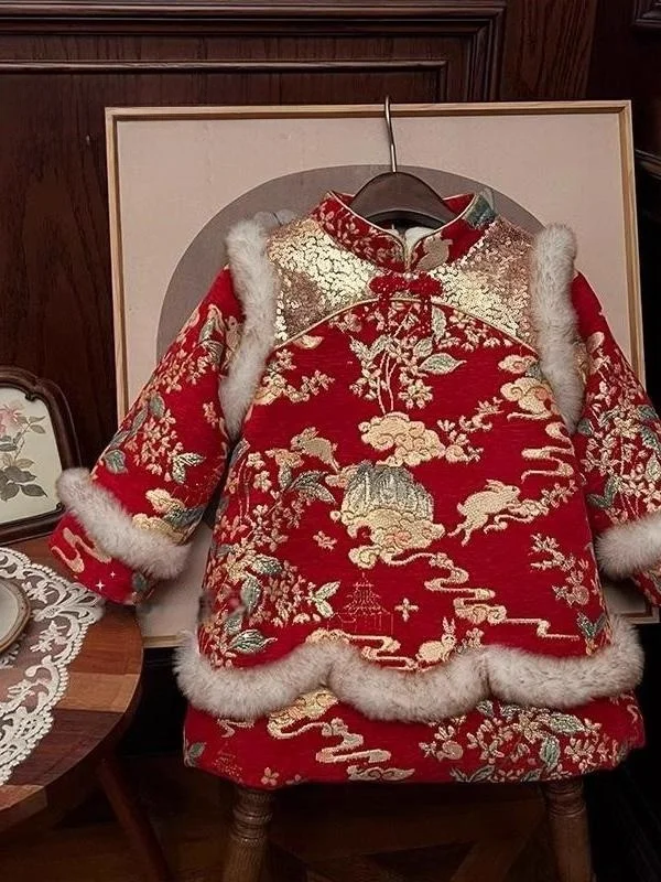 

Зимнее платье с вышивкой для маленьких девочек, новый китайский праздничный наряд на подкладке с изображением года кролика