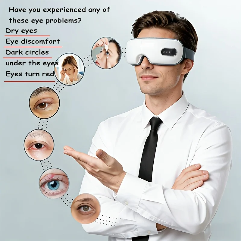 Masajeador Ocular Multifuncional, Dispositivo para el Cuidado de los Ojos, Dispositivo de Protección Ocular, Relajación y Masaje Ocular Masaje Dirigido de Puntos de Acupuntura Ocular, 5 Modos a Elegir, con Función de Vibración Plegable, con correas ajusta