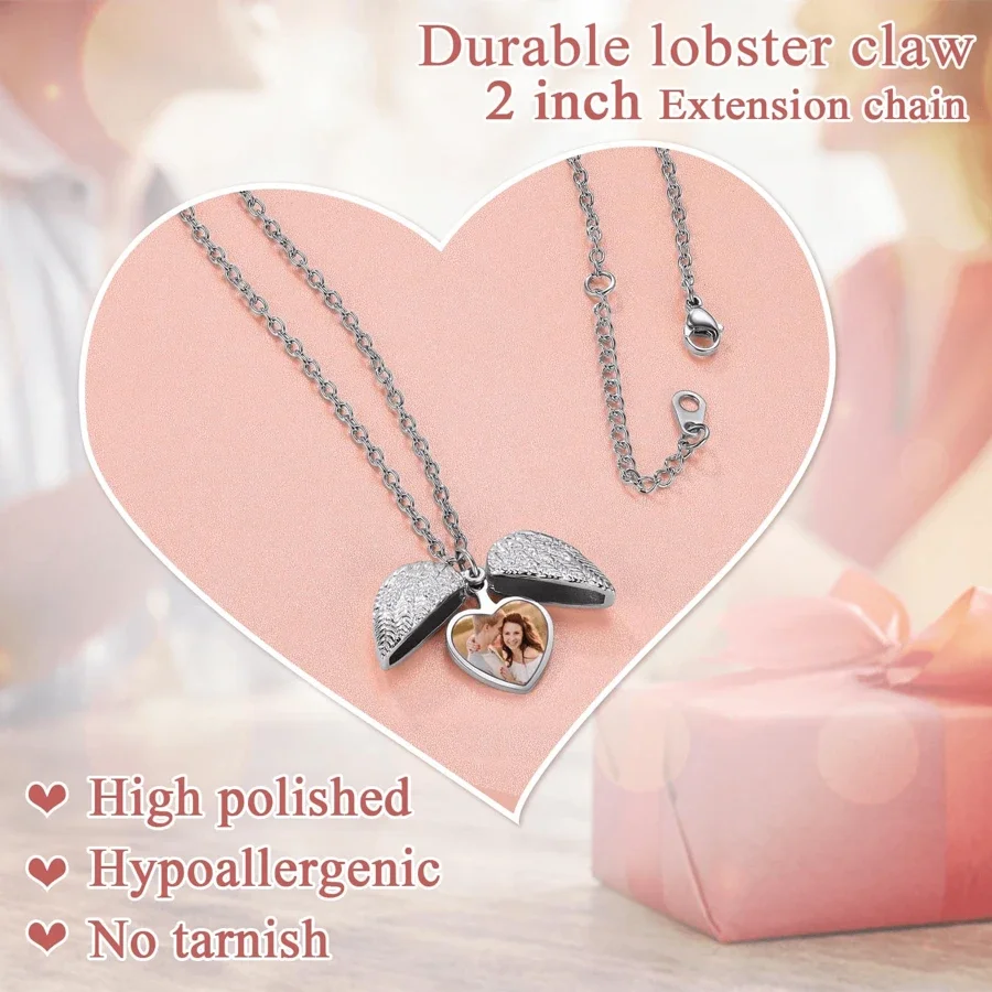 Custom photo pendant commemorative necklace, personalised heart-shaped photo angel wing pendant necklace, personalised gift view 5
