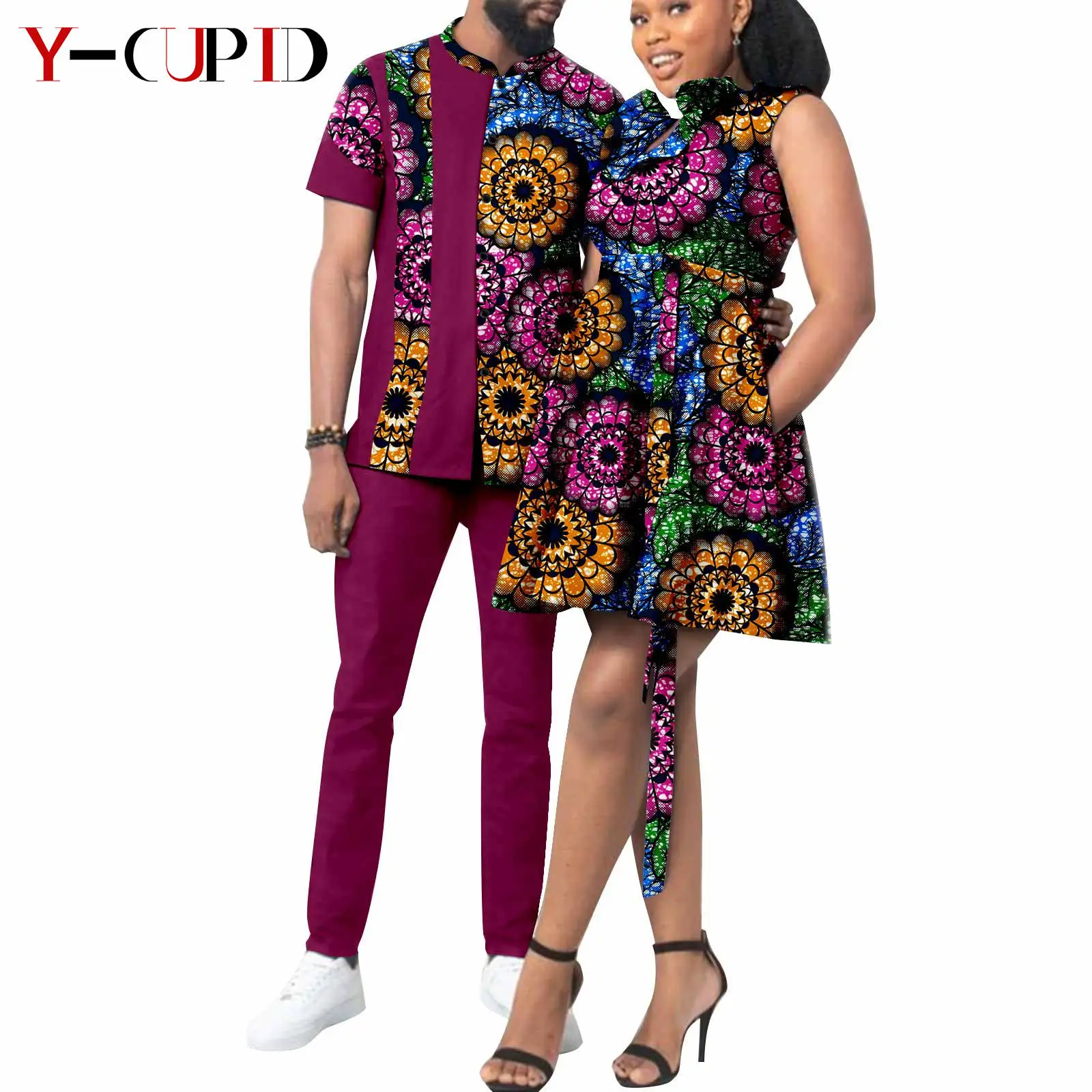 African Print Dresses for Women Couple Matching Clothes Men Outfits Dashiki Shirt and Pant Sets Bazin Riche Lover Outwear 24C020