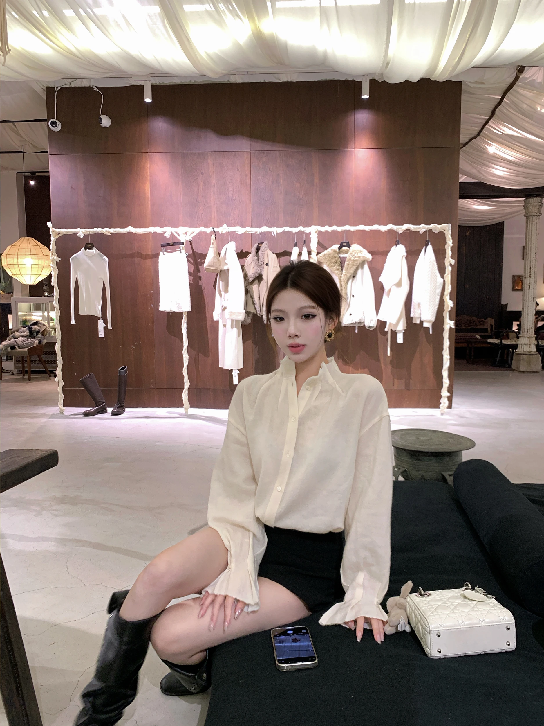 

EU Cloud Feeling Wool Design Loose irt Women's New Sle Stand Collar Earlet Top Ele Sle Long Sve Breathable