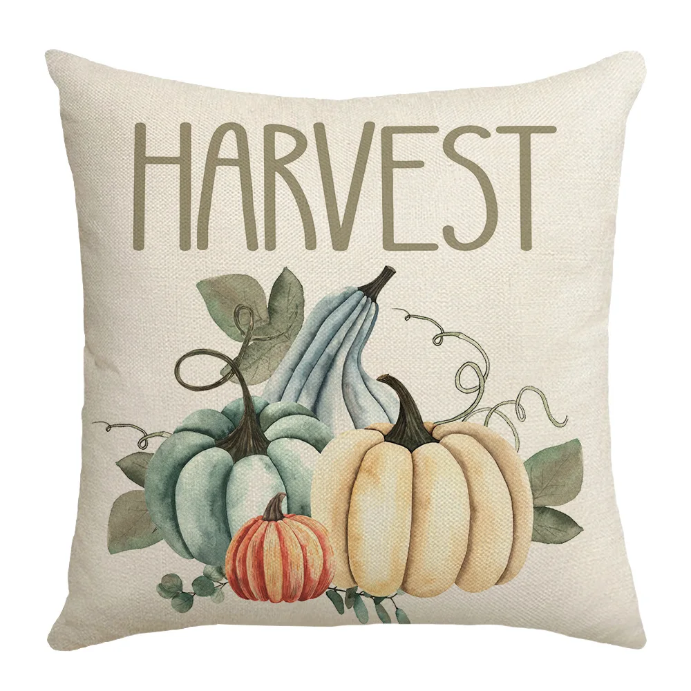 Give Thanks Harvest Pumpkin Plaid Pillow Cover Linen Blue Pillowcase Cushion Covers For Sofa Office Bedroom Decor Festive Goods