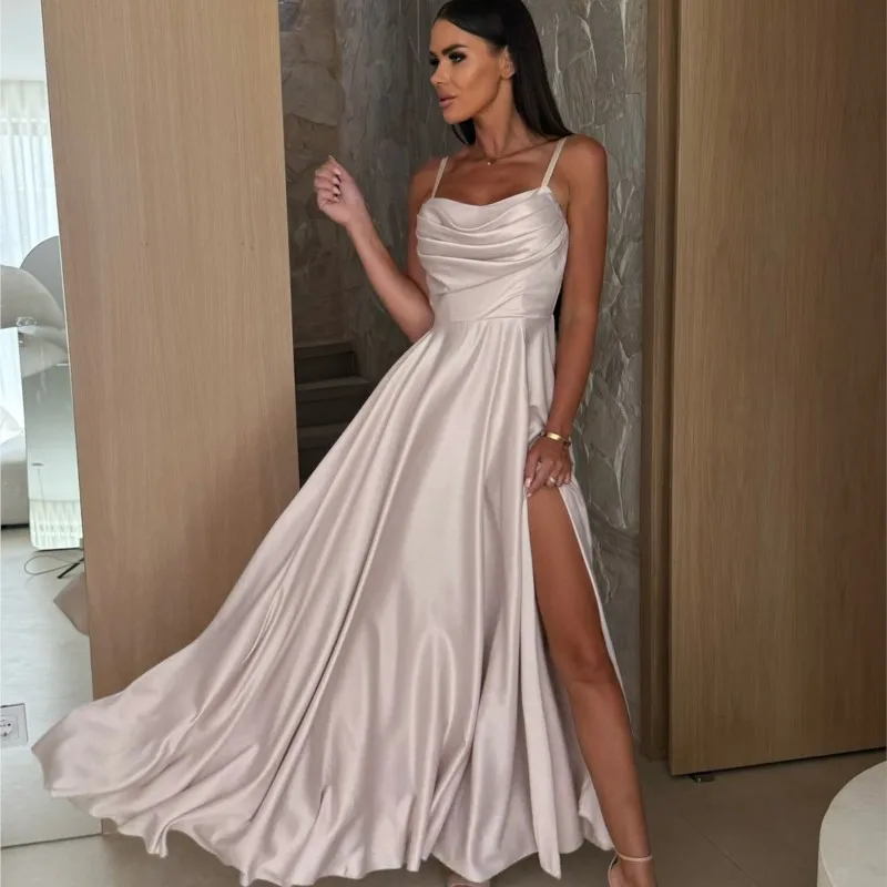 

Elegant Off Shoulder Split Satin Dress Sexy Sleeveless Draped Solid Suspender Dress Fashion Hight Waist Slim Evening Party Dress