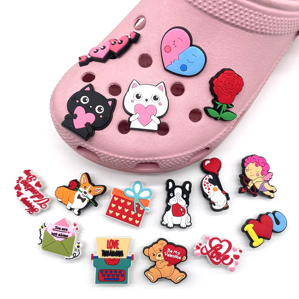 Romantic 1PCS Cartoon Valentine PVC Lovers Shoe Charms DIY Rose Accessories Fit Sandals Decorate Girls kid Festival ​Party Gifts