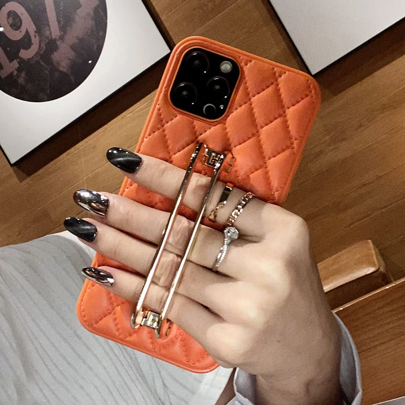 Fashion Metal Square Holder Orange lattice Leather Phone case For iPhone 13 12 11 Pro X XS Max XR 7 8 Plus Protection Cover