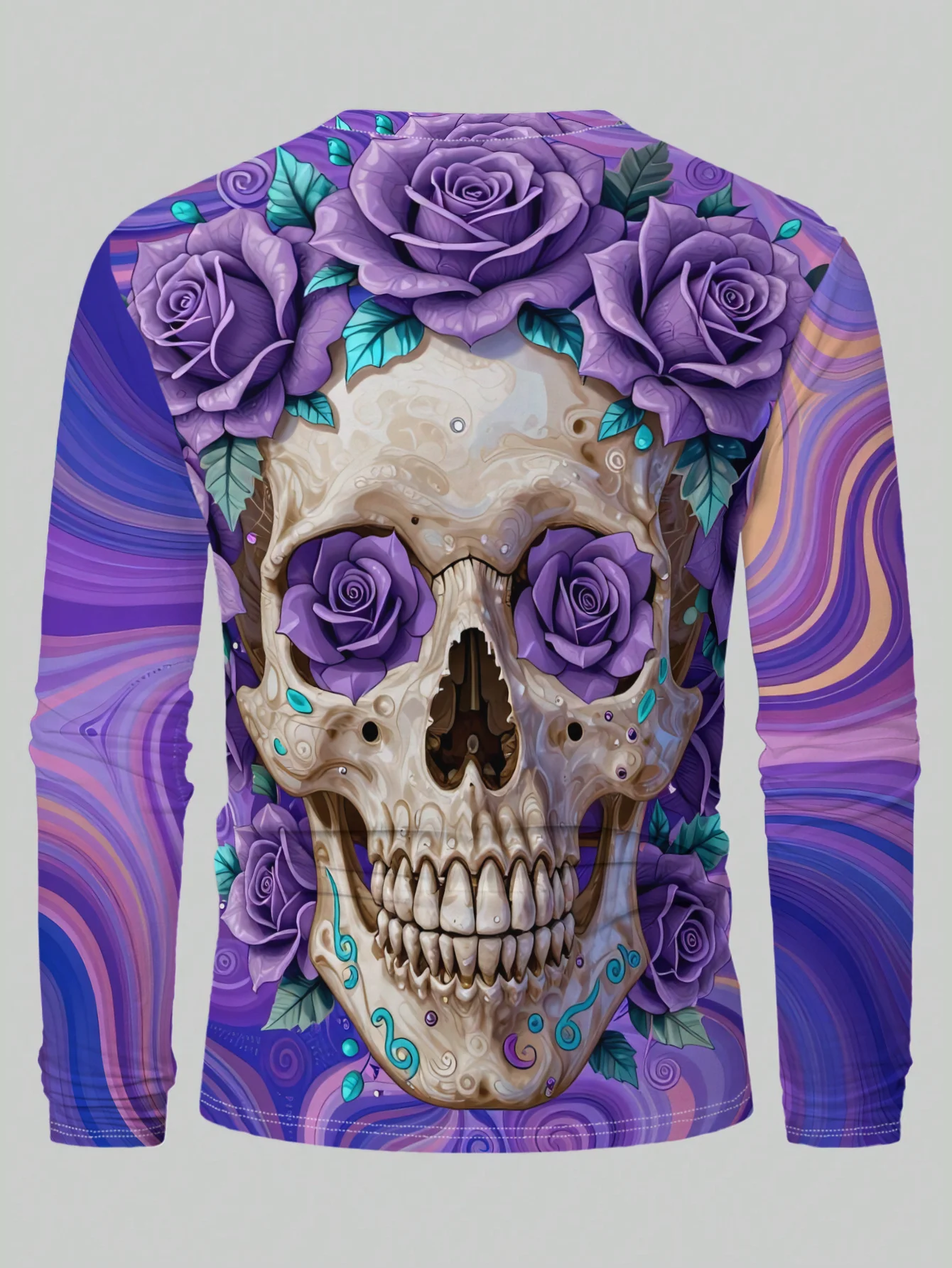 Men Long Sleeve T‑Shirt Sugar Skull Purple Rose Swirl Print Crew Neck Gothic Day Of Dead Casual Tops