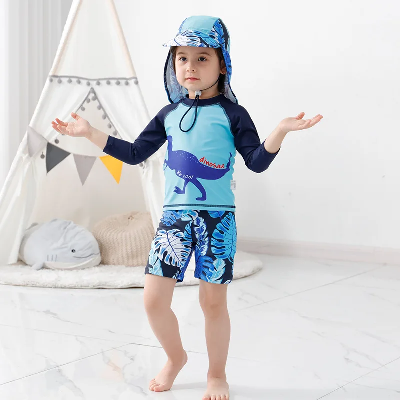 Costume da bagno per bambini Neonati maschi Diviso Cartoon Dinosaur Protezione solare Costume da bagno a maniche lunghe Set Costumi da bagno per ragazzi per bambini adolescenti con cappuccio