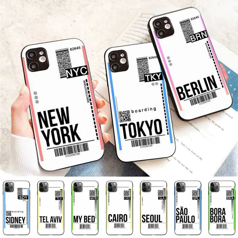 FHNBLJ Air Ticket Travel New York Phone Case for iPhone 11 12 13 Mini Pro Max 8 7 6 6S Plus X 5 S SE 2020 XR XS 10 case