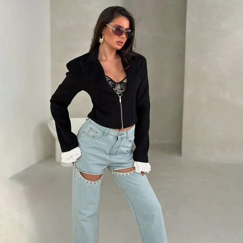 Tornova Sexy Deep V neck Jacket Zipper Coat Women's Contrast Fashion Slim Outwear Long Sleeve Splice High Street Female Jacket