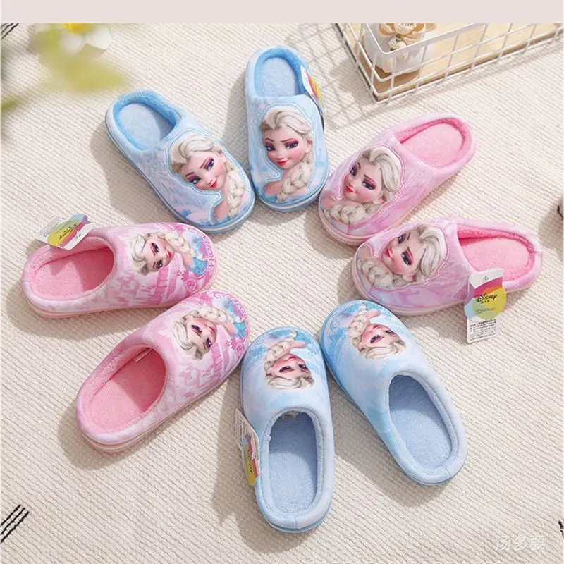 Disney Children Cotton Slippers Cartoon Frozen Elsa Print Soft Autumn Winter Warm Princess Baby Girls Indoor Home Bedroom Shoes