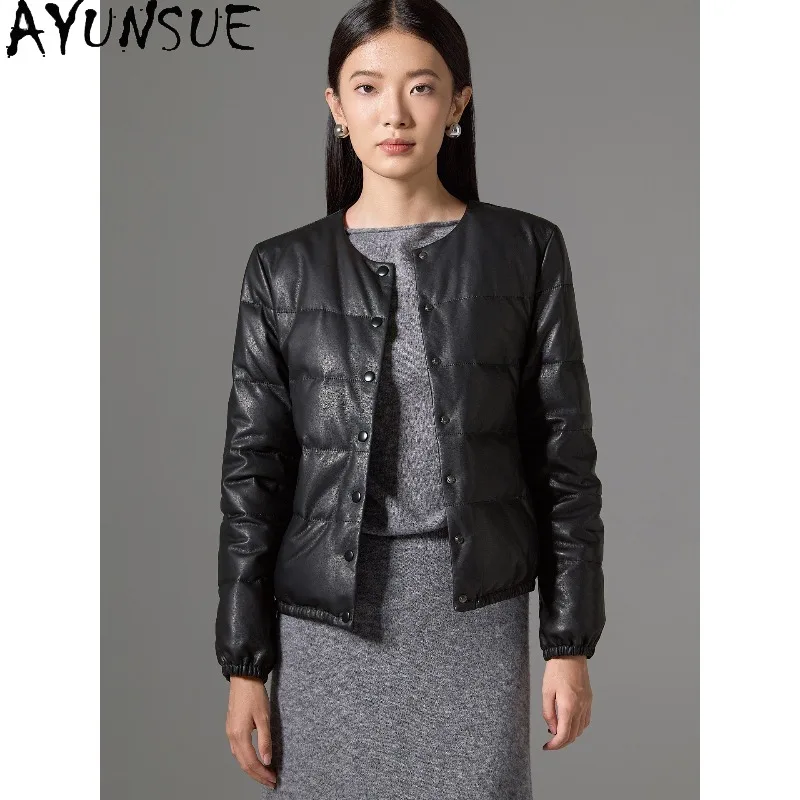 AYUNSUE Real Leather Down Jackets for Woman 2026 Short O-neck Women Winter Coat Warm Black Jacket Woman Clothes пальто женское