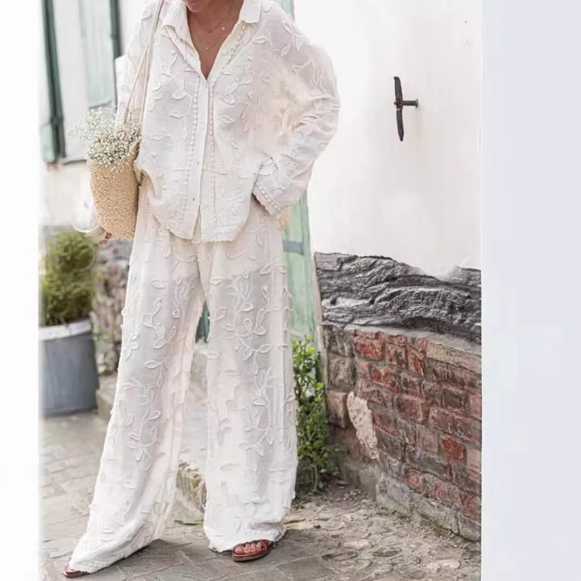 

Women Elegant Pants Piece Set Fashion Embroidery Lapel Long Sleeves Shirt Wide Leg Pants Set Female Chic Street Outfit