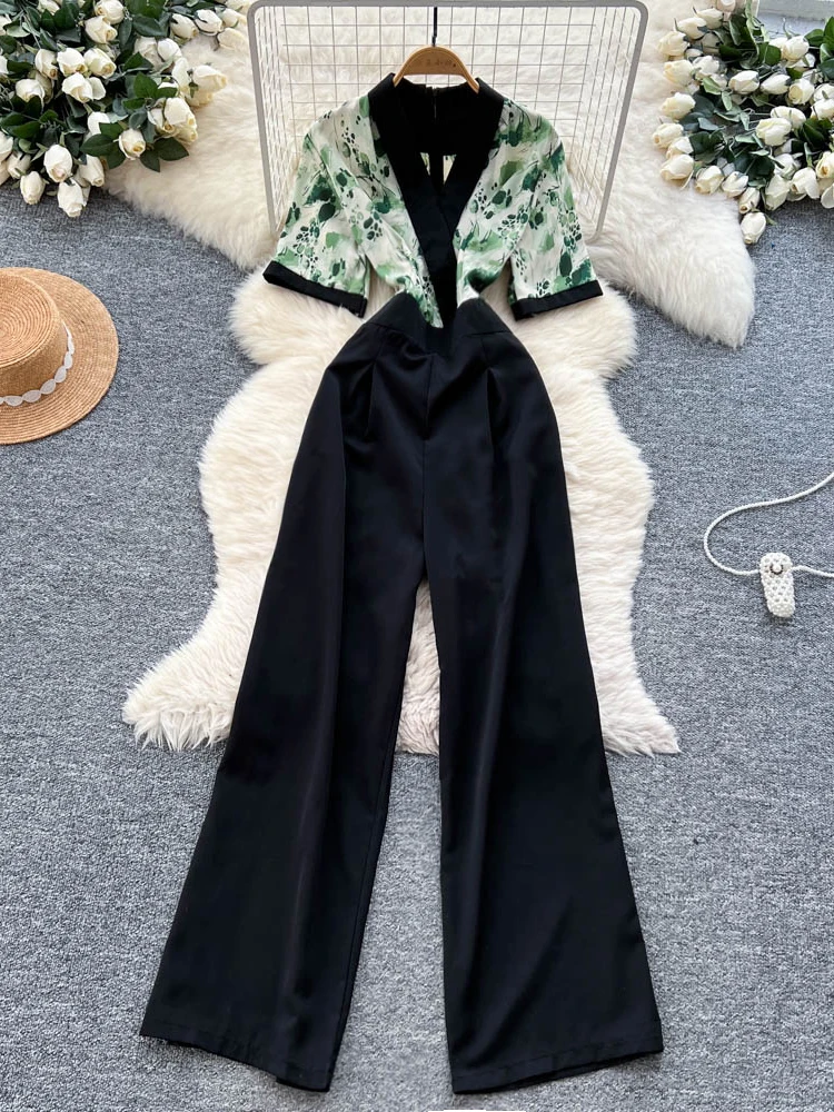 여름 여성 반팔 오피스 레이디 캐주얼 점프 슈트 세련된 우아한 인쇄 패치 워크 넓은 다리 스트레이트 레그 바지 C311