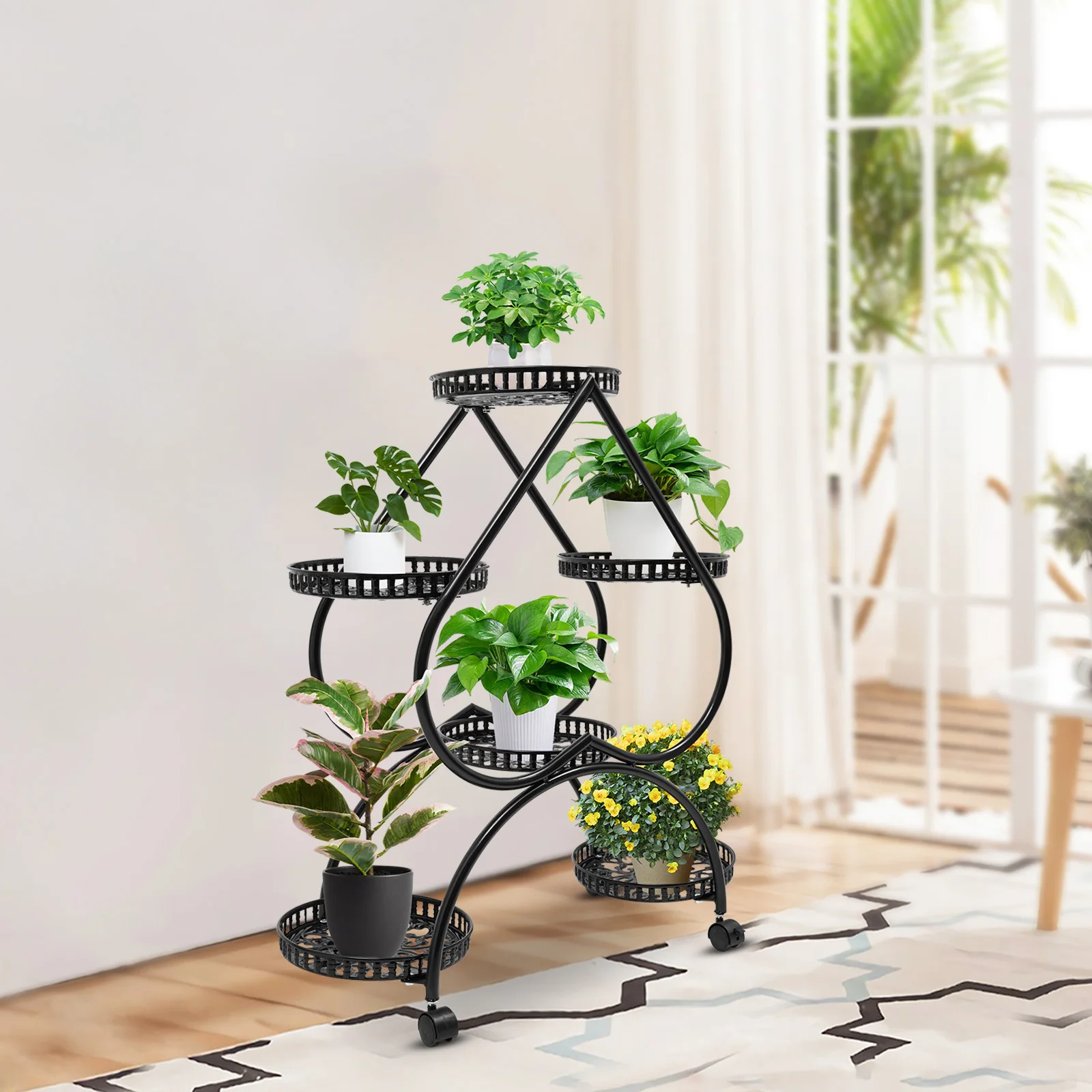 6 Potted Metal Plant Stand Heart-shaped Flower Pot Stand 6 Trays Plant Display Rack Plants Holder w/ 4 Universal Wheels - Image 4