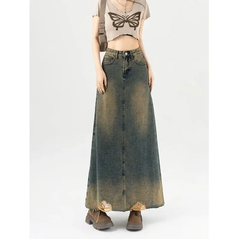 Amerikaanse Retro Vintage Denim Rok Voor Dames Zomer 2024 Nieuwe Hoge Taille Geperforeerde A-Lijn Halflange Rok