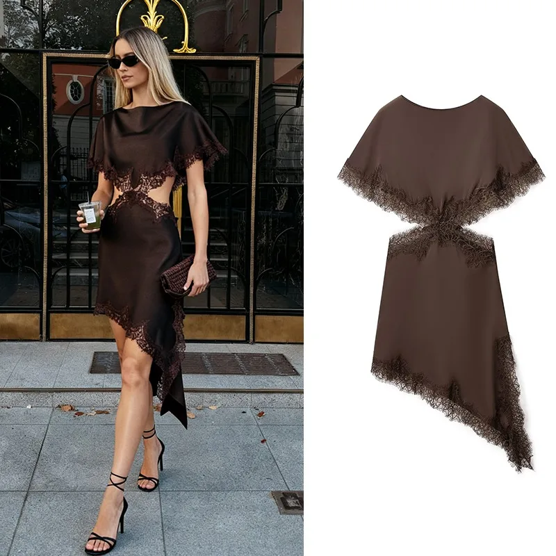 CharmChant femmes marron Satin asymétrique dentelle superposition découpe robe Cape manches luxe élégant fête modeste robes de soirée