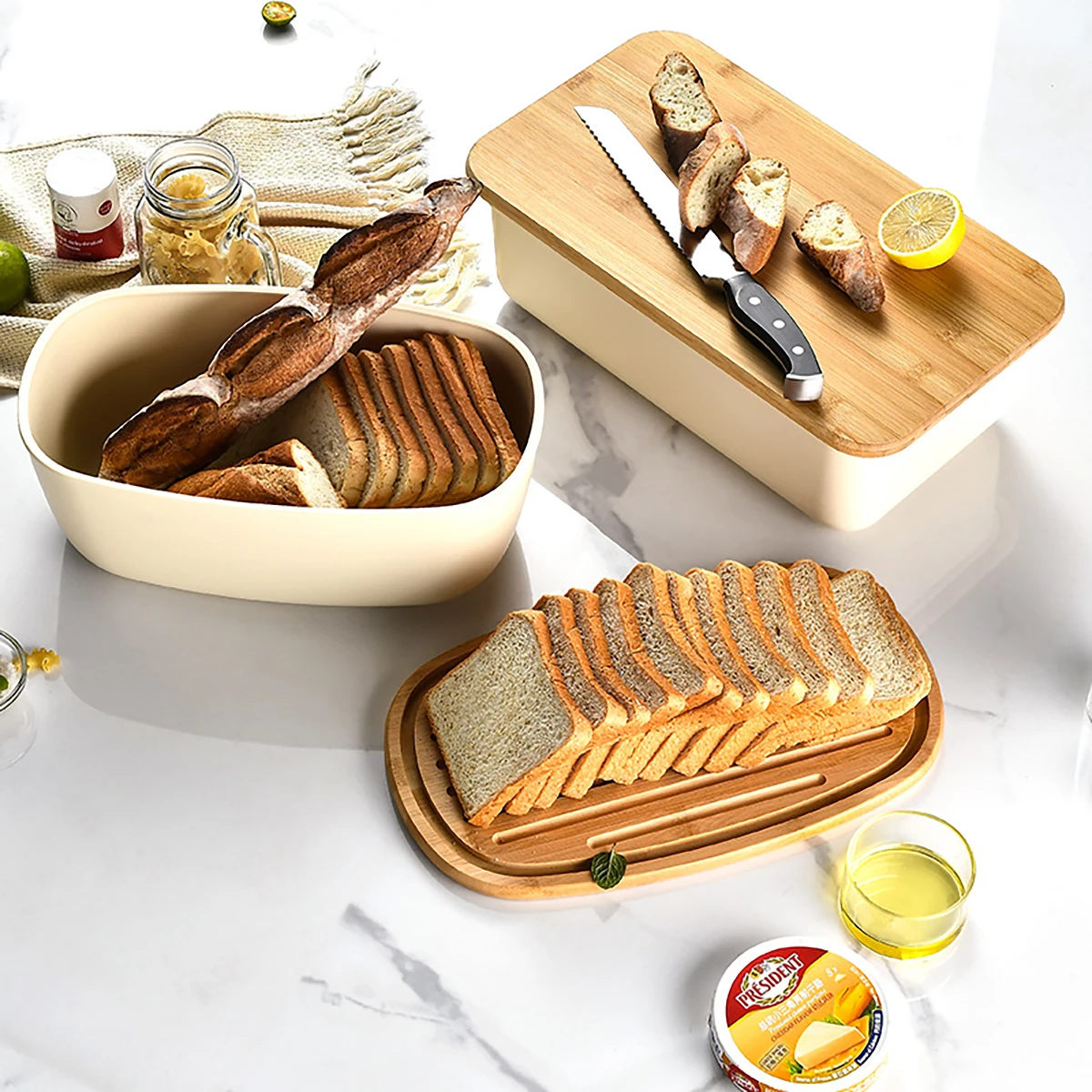 

Large Rectangular Bread Preservation Box Kitchen Storage Toast Box Bamboo Cover Plastic Storage Box Dim Sum Pastry Storage Box