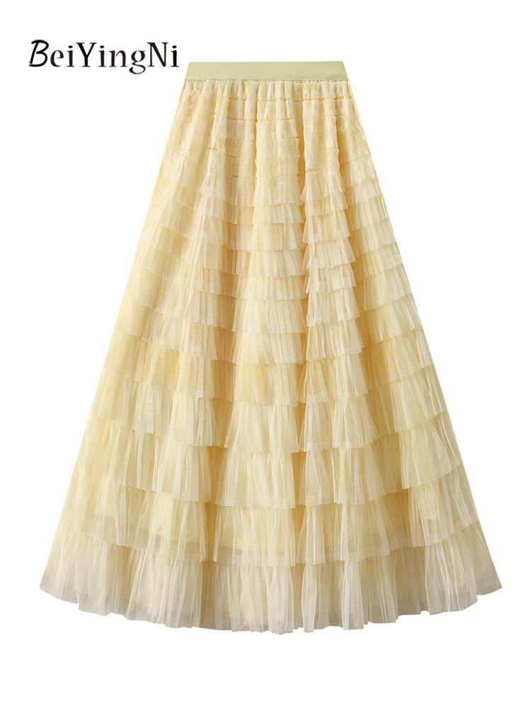 Beiyingni 2025 Woman Mesh Maxi Skirts Tie Dye Casual Tiered Long A-line Tutu Cake Skirt Ladies Elegant French Slim Party Jupes