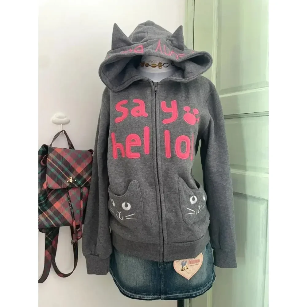 Korean Loose Hundred Zip Cat Ears Jacket American Cat Embroidered Cardigan Hooded Women Autumn and Winter Kawaii Y2k Clothes