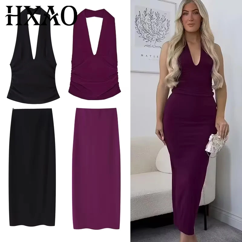 

HXAO Комплект юбки из 2 предметов Женский короткий топ с лямкой на шее Летний женский костюм Длинная юбка Экипировка Юбка-карандаш с рюшами и топ Комплект из двух предметов