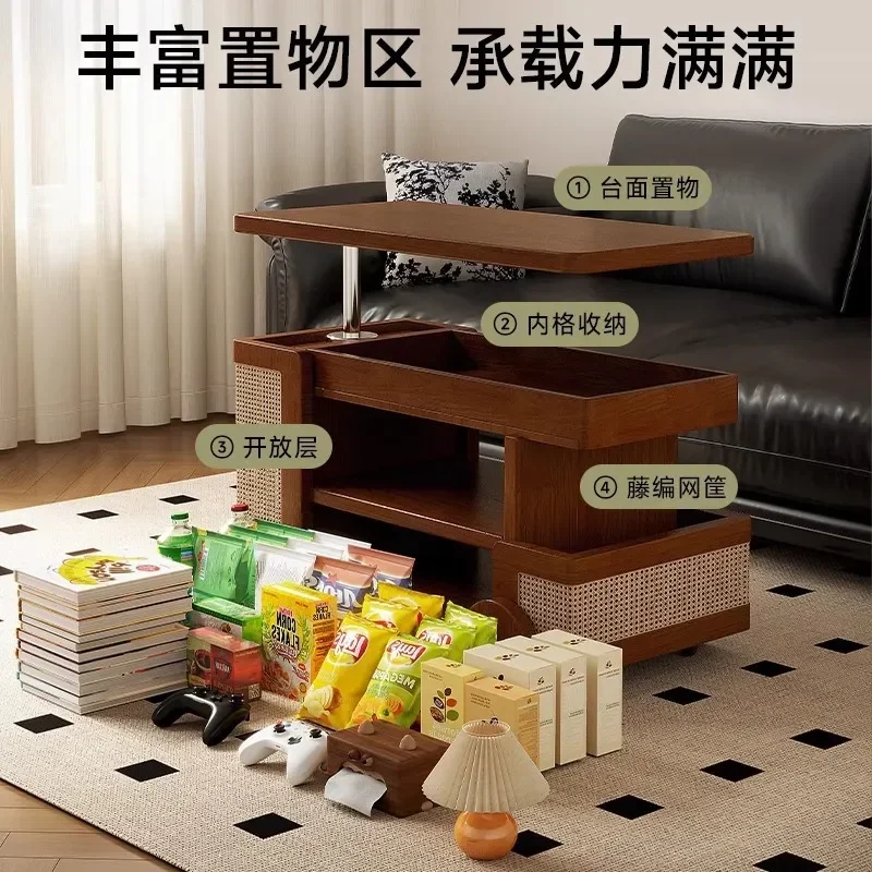 Solid wood mobile trolley, coffee table, small apartment liftable, living room household sofa side cabinet