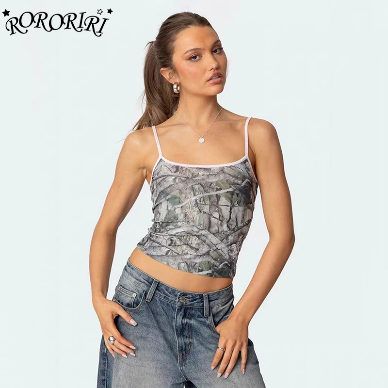 

RORORIRI Vintage Gray Branch Print Camisole Women Sleeveless Spaghetti Straps Crop Top Backless Sling Vest Grayu Summer Clothes
