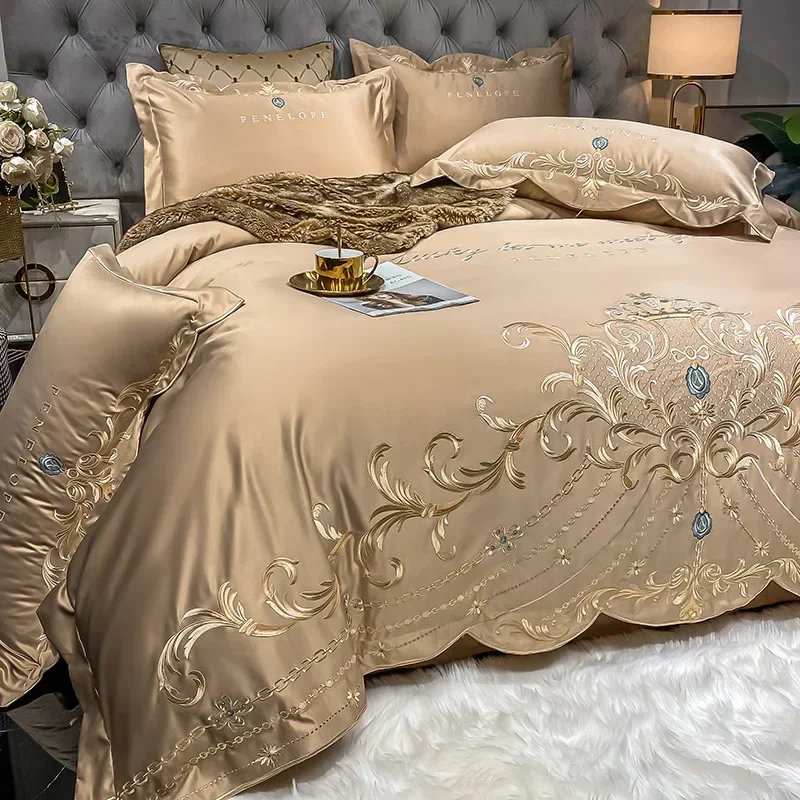 European High-end Bed Sheet Four-piece Set Light Luxury Ice Silk Quilt Cover Pure Cotton Bedding