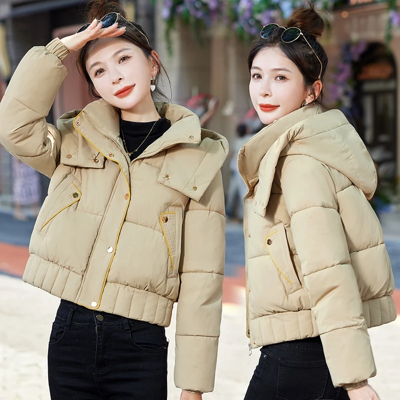 

Winter Thiened Hooded Puffer Jaet Women's Bread Sle Coat Korean Loose Fit Cotton down Jaet ort Length Zipper Closure