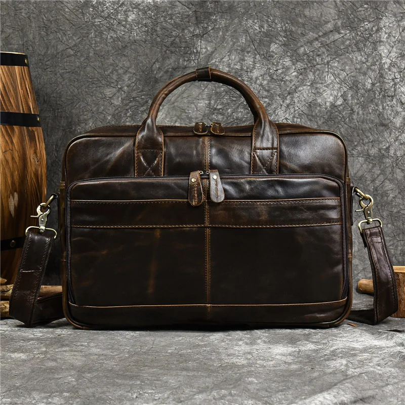 Genuine Leather Men's Briefcase Business Handbag Vintage Cowhide Male Shoulder Crossbody Bag Office 14 "Inch Laptop Bag