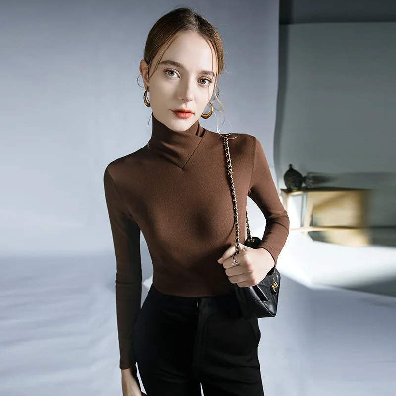 2025 خريف جديد تصميم الأزياء تحسس الوقوف طوق قميص طويل الأكمام قاع مع قميص صغير داخل المرأة قمم تي شيرت #5