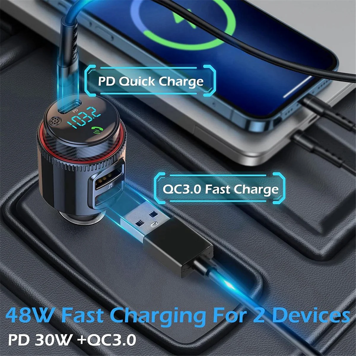 New Car Bluetooth Adapter, Wireless FM Transmitter,Dual Fast Charging, Cigarette Lighter Radio MP3 Player, HiFi Bass Sound