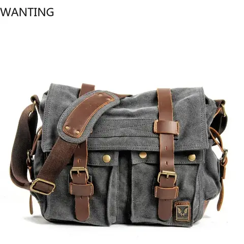 WANTING Canvas Leather Men Messenger Bags   Big Satchel Shoulder Bags Male Laptop Briefcase Travel Handbag