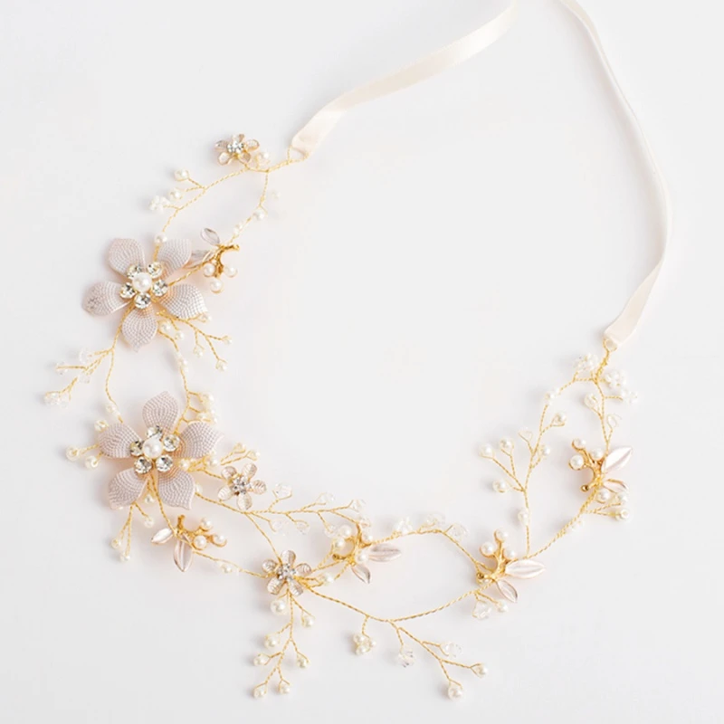 ホワイトウェディングティアラヘッドバンドビーズフラワーウエディングブライダルヘアバンドパール花嫁かぶと女性のためのヘアジュエリー