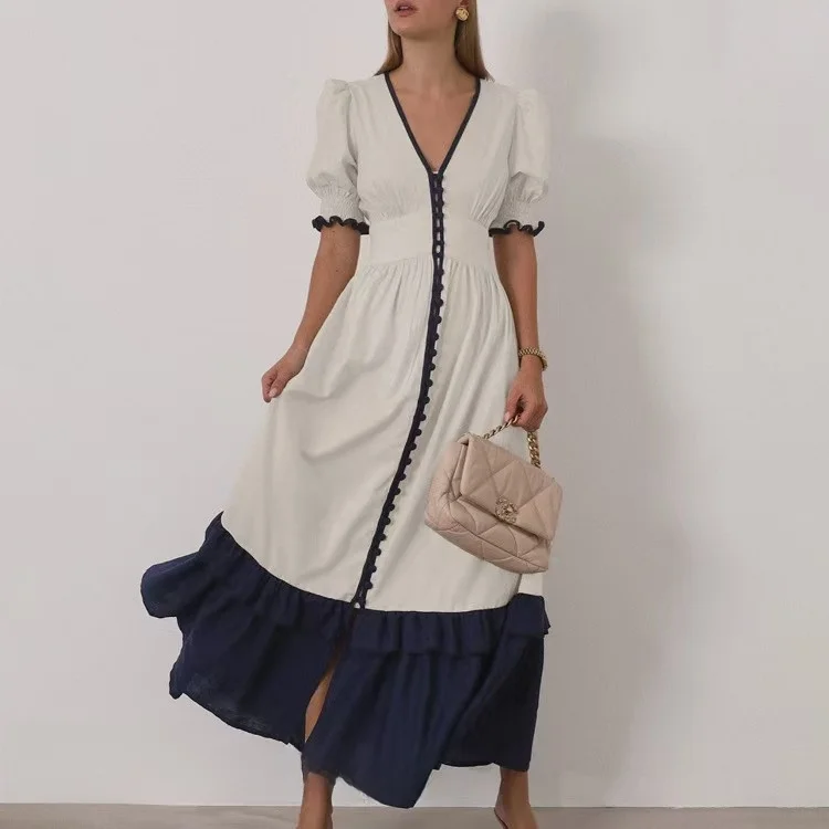 

Fashionable Color Block V-neck Short Sleeve Dress High Waist A-line Summer Dress Commute Style Bubble Sleeve Single Piece