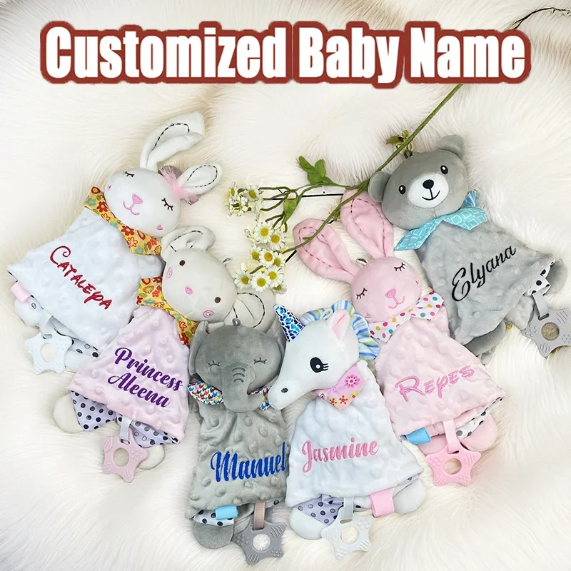 Cobertor de edredom de bebê personalizado com mordedor de silicone torre de algodão orgânico presentes de chuveiro para recém-nascidos