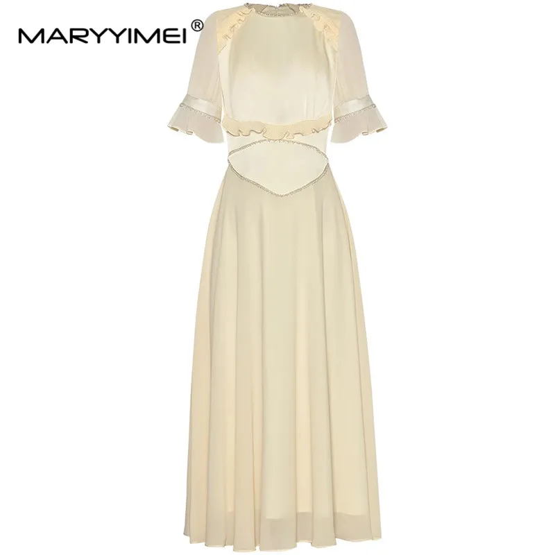 

MARYYIMEI Fashion Design Spring Summer Women's Short-Sleeved Flounced Edge Beading Chiffon Folds Solid Color Dresses