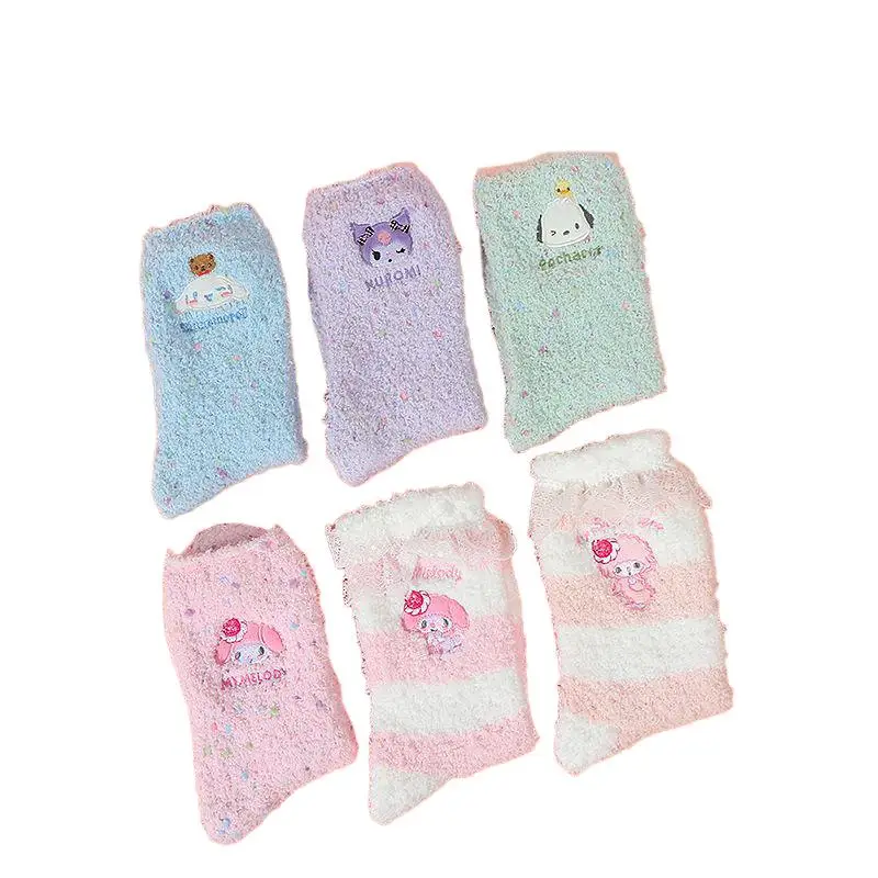 5Pcs Sanrio My Melody Embroidery Coral Fleece Girl Piles of Socks Kawaii Kuromi Cartoon Cute Sleep Floor Thickened Socks Fashion