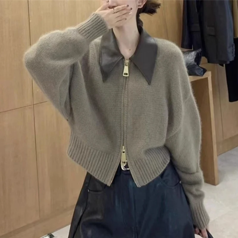 

Double Zippers Knitted Cardigan Women Chic Patchwork Short Sweater Tops Woman Spring Autumn Pu Leather Polo Collar Coats Mujer