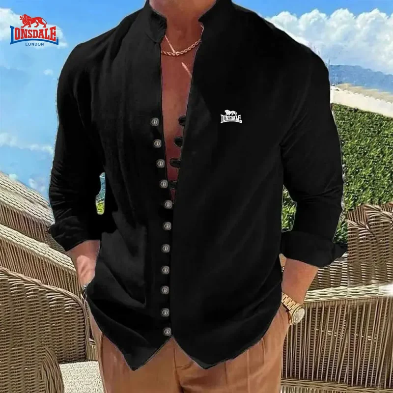 قميص رجالي جديد عالي الجودة من القطن والكتان بياقة هنري وأكمام طويلة، قميص عصري وكاجوال ومريح ومتعدد الاستخدامات