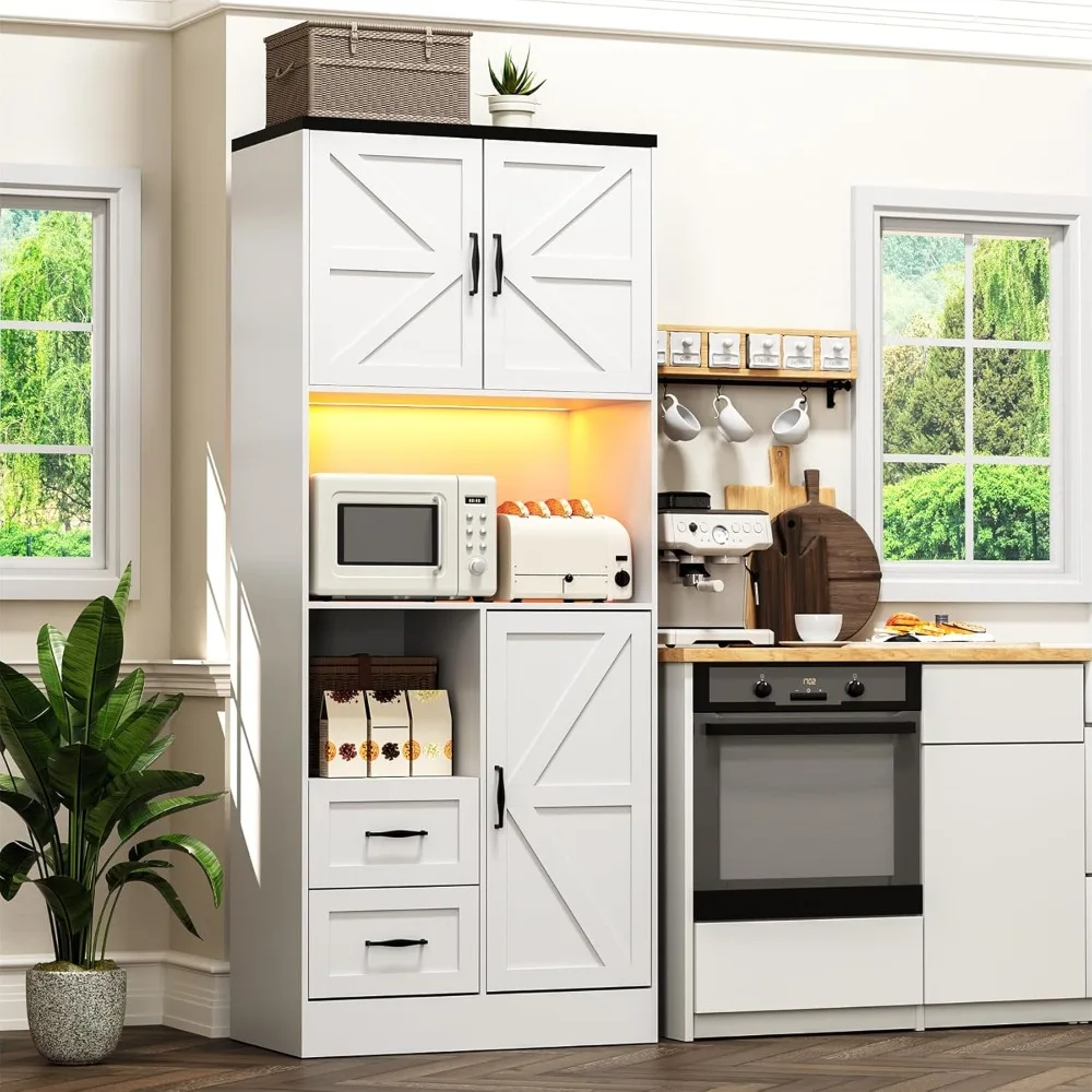 

Kitchen Pantry Storage Cabinet with LED Lights and Power Strip, Tall Farmhouse Kitchen Pantry with Barn Doors and Drawers, Adjus
