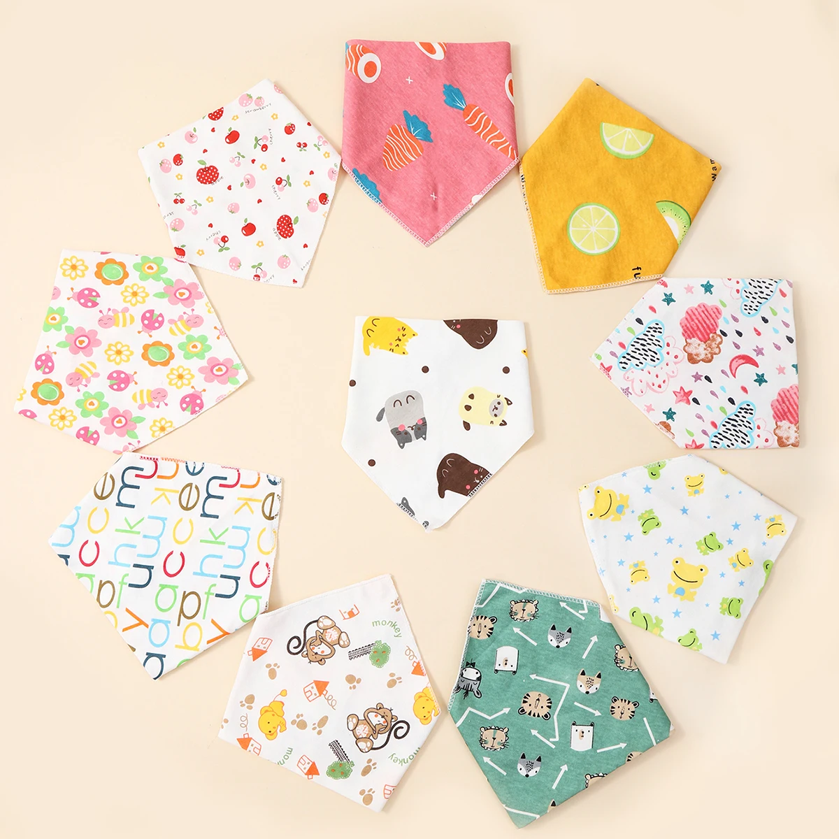 아기 턱받이 삼각형 이중 레이어 코튼 만화 동물 프린트 아기 반다나 턱받이, 트림 천 아기 물건, 무작위 5 개
